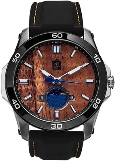 Pre-owned Pono Woodworks The Castaway Hawaiian Koa Wood Watch (47 Mm Diameter, Chrome And Black Silicon