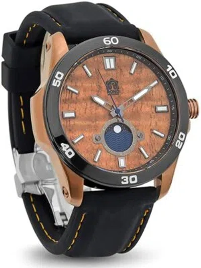 Pre-owned Pono Woodworks The Castaway Hawaiian Koa Wood Watch (47 Mm Diameter, Copper And Black Silicon
