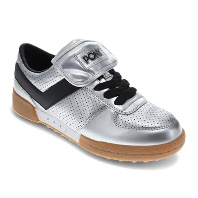 Pony Mens Linebacker Metallic Genuine Leather Premium Lace Up Athletic Sneaker Shoe In Silver/black