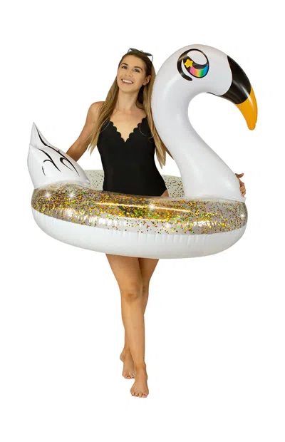 Poolcandy Inflatable 48" Jumbo Gold Glitter Swan Pool Tube In White