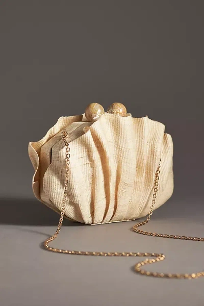 Poolside Origami Scallop Straw Clutch In Beige