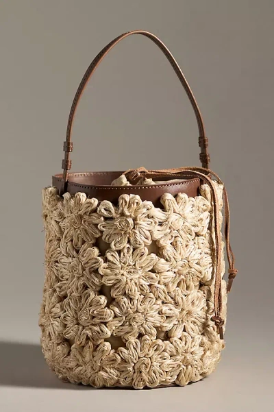 Poolside Ravello Floral Straw Bucket Bag In Beige