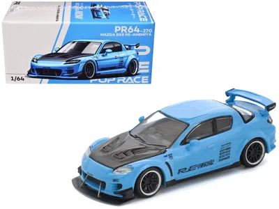 Pop Race Mazda Rx8 Re-amemiya Widebody Rhd (right Hand Drive) Light Blue With Carbon Hood 1/64 Diecast Model 