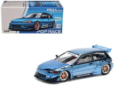 Pop Race Pandem Civic Eg6 Rhd (right Hand Drive) Blue Chrome 1/64 Diecast Model Car By