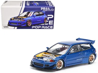 Pop Race Pandem Civic Eg6 Vtec Rhd (right Hand Drive) Blue Metallic With No Hood 1/64 Diecast Model Car By Po