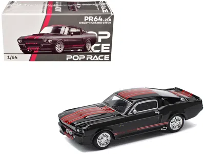 Pop Race Shelby Mustang Gt500 Dark Chrome With Red Stripes 1/64 Diecast Model Car By