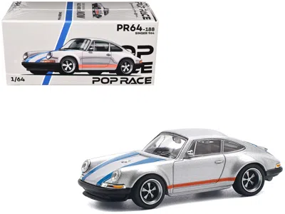 Pop Race Singer 964 Silver Metallic With Blue And Red Stripes 1/64 Diecast Model Car By  In Multi