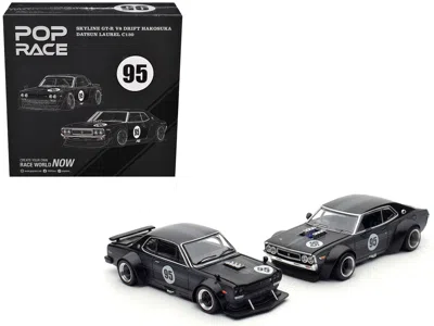 Pop Race Skyline Gt-r V8 Drift "hakosuka" Rhd #95 Black & Datsun Laurel C130 Rhd Black 2-car Set 1/64 Hong Ko