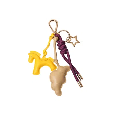 Pop Ups Brand Women's Purple Key Chain Eggplant With Charms - Beige Croissant And Yellow Horse