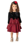 Popatu Kids' Check Long Sleeve Velvet Bodice Tiered Dress In Black/red