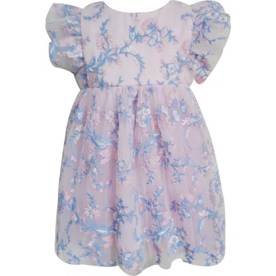 Popatu Babies'  Floral Embroidered Flutter Sleeve Tulle Dress In Blue/pink
