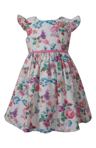 Popatu Babies'  Floral Print Flutter Sleeve Cotton Dress In Hot Pink