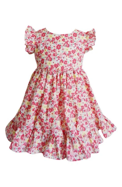 Popatu Babies' Floral Print Flutter Sleeve Cotton Dress In Pink Multi