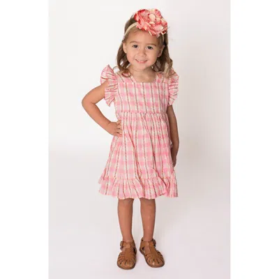 Popatu Babies'  Floral Stripe Check Flutter Sleeve Dress In Pink