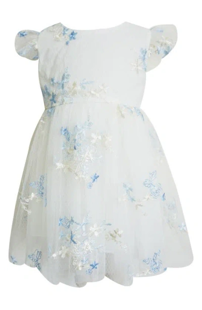 Popatu Kids' Floral Embroidered Flutter Sleeve Party Dress In White/ Blue