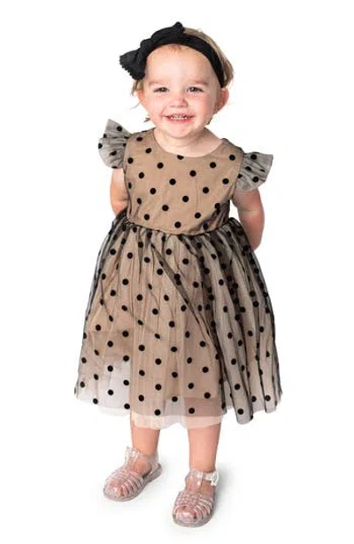 Popatu Kids' Polka Dot Ruffle Sleeve Tulle Party Dress In Brown