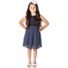 Popatu Metallic Sleeveless Tweed & Tulle Dress In Navy