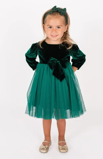 Popatu Babies'  Panne Long Sleeve Velvet & Tulle Party Dress In Green