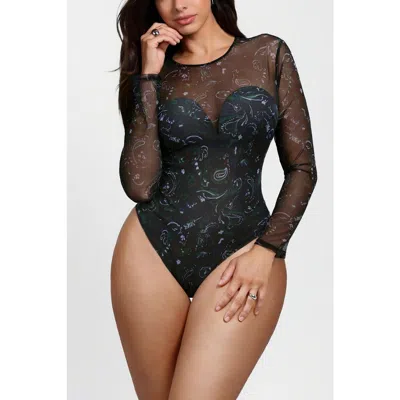Popilush All-in-one Paisley Mesh Long Sleeve Built-in Shapewear Bodysuit In Black Blue