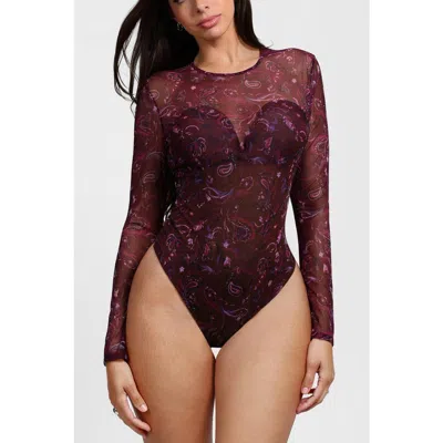 Popilush All-in-one Paisley Mesh Long Sleeve Built-in Shapewear Bodysuit In Burgundy