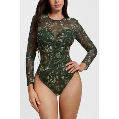 Popilush All-in-one Paisley Mesh Long Sleeve Built-in Shapewear Bodysuit In Moss