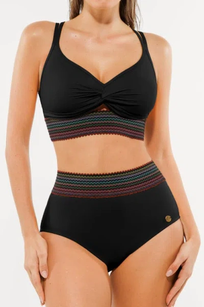 Popilush Boho Trim High Waist Tummy Control Bikini Set In Black