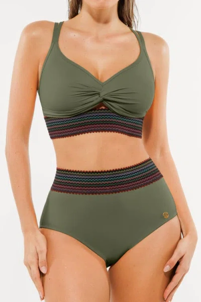 Popilush Boho Trim High Waist Tummy Control Bikini Set In Green