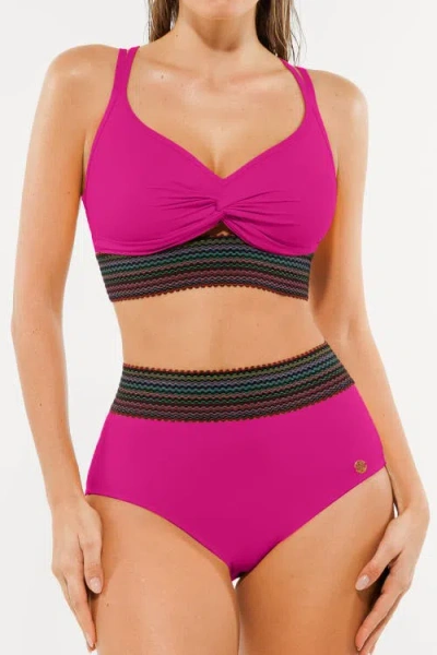 Popilush Boho Trim High Waist Tummy Control Bikini Set In Purple
