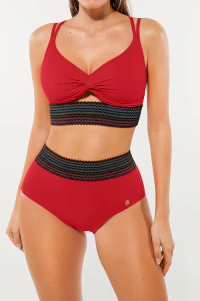 Popilush Boho Trim High Waist Tummy Control Bikini Set In Red