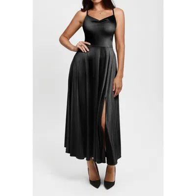 Popilush Built In Shapewear Glitter Spaghetti Strap Slit Maxi Dress In Black
