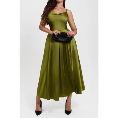 Popilush Built In Shapewear Glitter Spaghetti Strap Slit Maxi Dress In Green