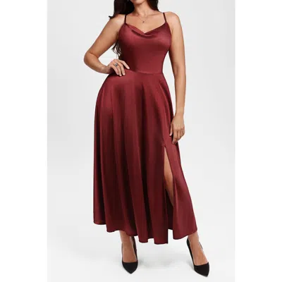 Popilush Built In Shapewear Glitter Spaghetti Strap Slit Maxi Dress In Burgundy