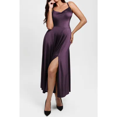 Popilush Built In Shapewear Glitter Spaghetti Strap Slit Maxi Dress In Purple