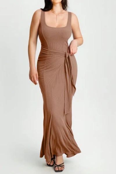 Popilush Built In Shapewear Modal Twist Wrap Maxi Dress In Brown