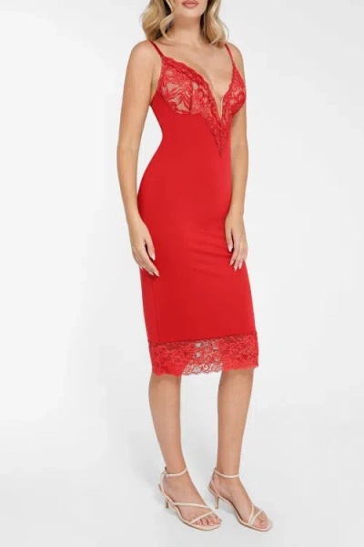 Popilush Built In Shapewear V-neck Lace Midi Dress In Red