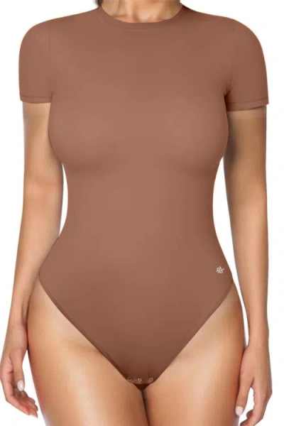Popilush Cloudsense Short Sleeve Crew Neck Tummy Control Shapewear Bodysuit In Brown