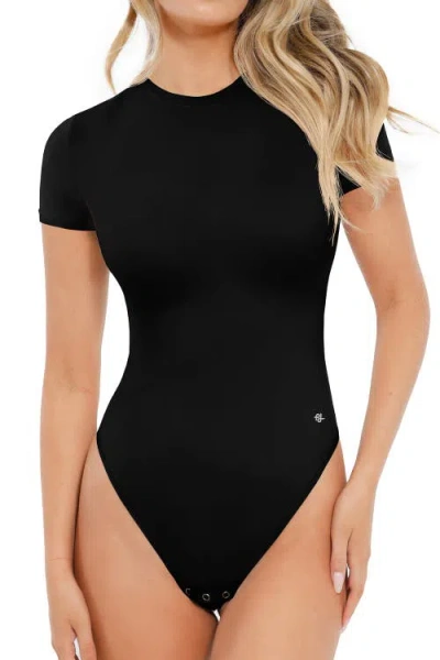 Popilush Cloudsense Short Sleeve Crew Neck Tummy Control Shapewear Bodysuit In Black