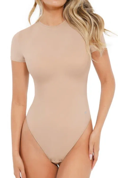 Popilush Cloudsense Short Sleeve Crew Neck Tummy Control Shapewear Bodysuit In Pink
