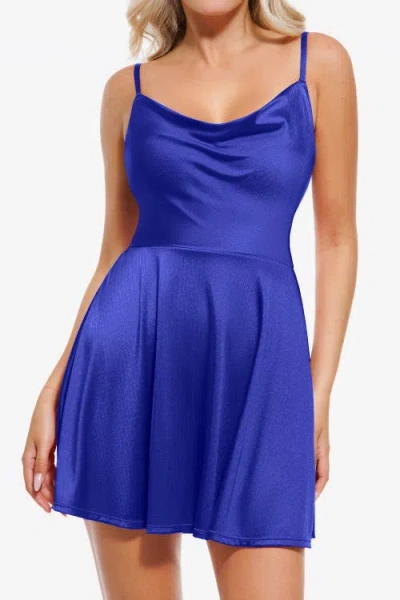 Popilush Cowl Neck Tummy Control Flare Shapewear Mini Dress In Blue