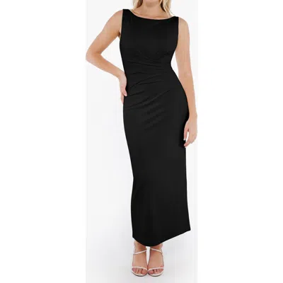 Popilush Elegant Boatneck Draped Snatched Sculpting Maxi Shapewear Dress In Black