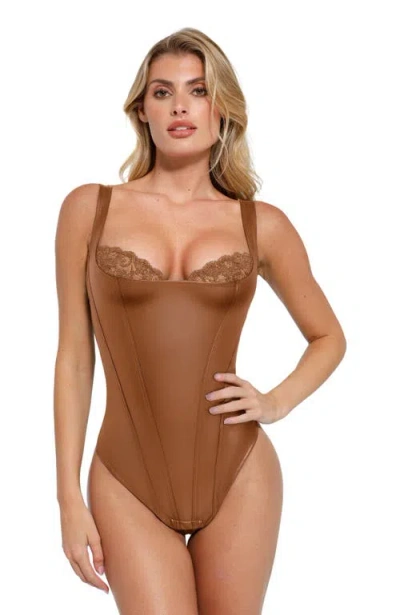 Popilush Shapewear Faux Leather Lace Balconette Sculpting Bodysuit In Animal Print
