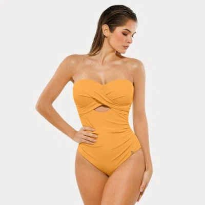 Popilush Front Twist Cutout Shaping All-in-one Shapewear Swimsuit In Yellow