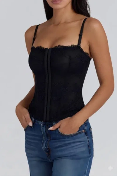 Popilush Leopard Lace Faux Denim Detachable Strap Corset Bustier In Black