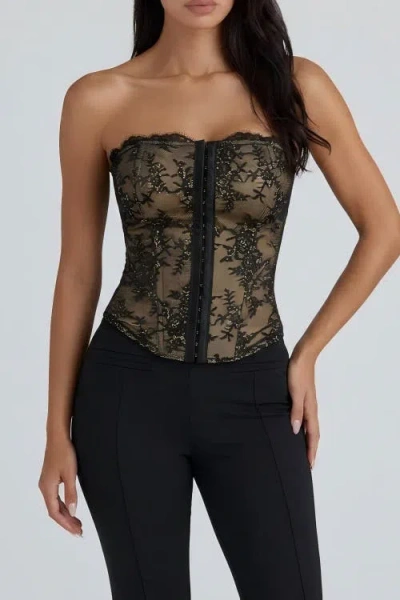 Popilush Leopard Lace Faux Denim Detachable Strap Corset Bustier In Black