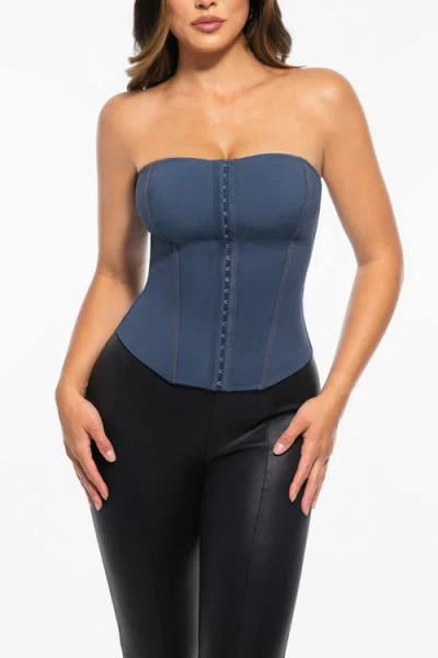 Popilush Leopard Lace Faux Denim Detachable Strap Corset Bustier In Blue