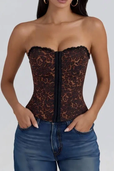 Popilush Leopard Lace Faux Denim Detachable Strap Corset Bustier In Brown