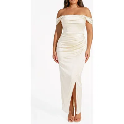 Popilush Liquid Metallic Fabric Off Shoulder Shine Ruched Sculpting Maxi Shapewear Dress In White
