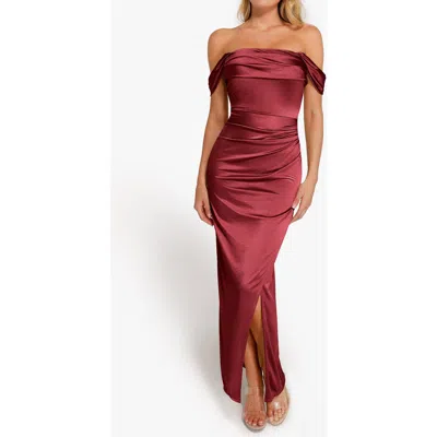 Popilush Liquid Metallic Fabric Shapewear Off Shoulder Shine Ruched Sculpting Maxi Dress In Burgundy