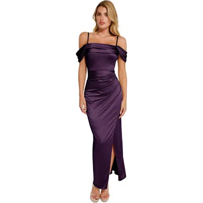 Popilush Liquid Metallic Fabric Shapewear Off Shoulder Shine Ruched Sculpting Maxi Dress In Purple