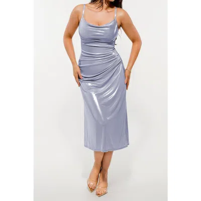 Popilush Metallic Cowl Neck Side Ruched Sculpting Midi Dress In Blue